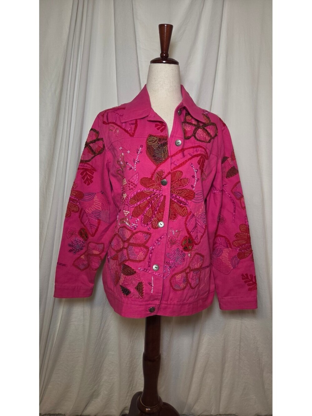 Laura Ashley Sz M WORK OF ART Embroidered Pink Jean Tropical Jacket Blazer
